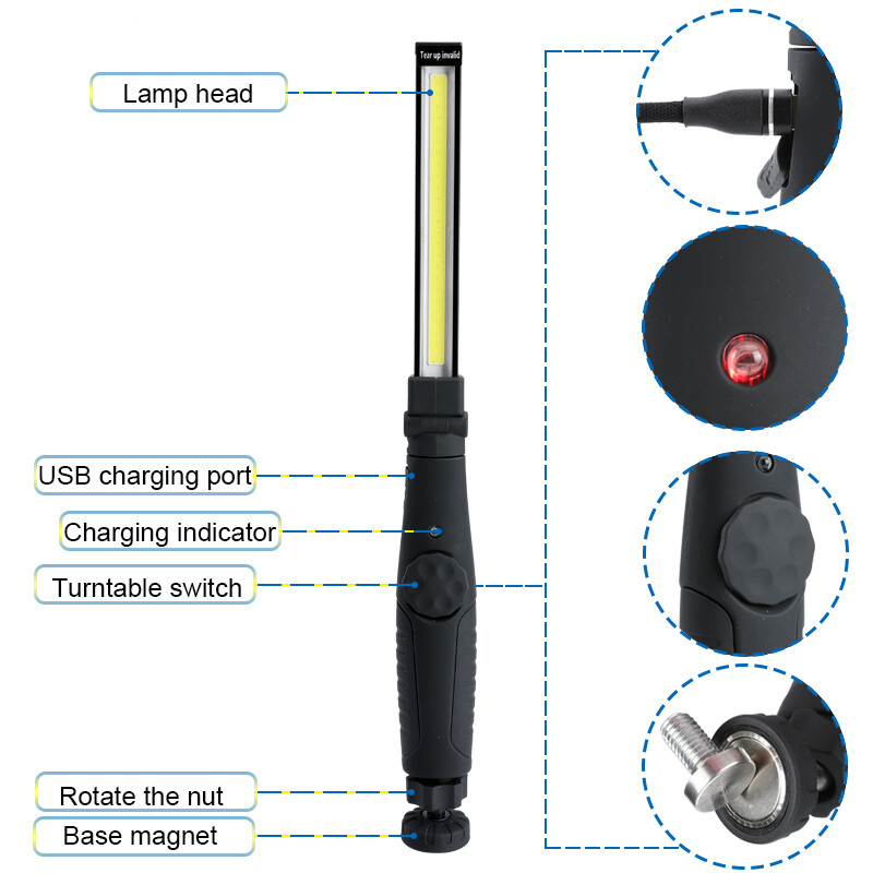 Magnetic Rechargeable COB LED RED Work Light Lamp Flashlight Folding Torch