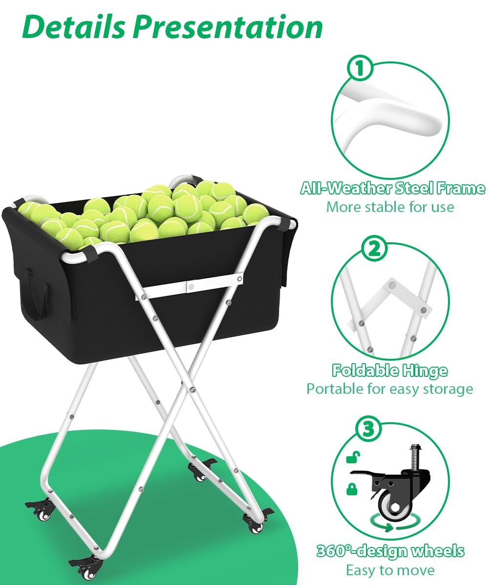 Ardier Foldable Tennis Ball Hopper Cart with Wheels, Portable White