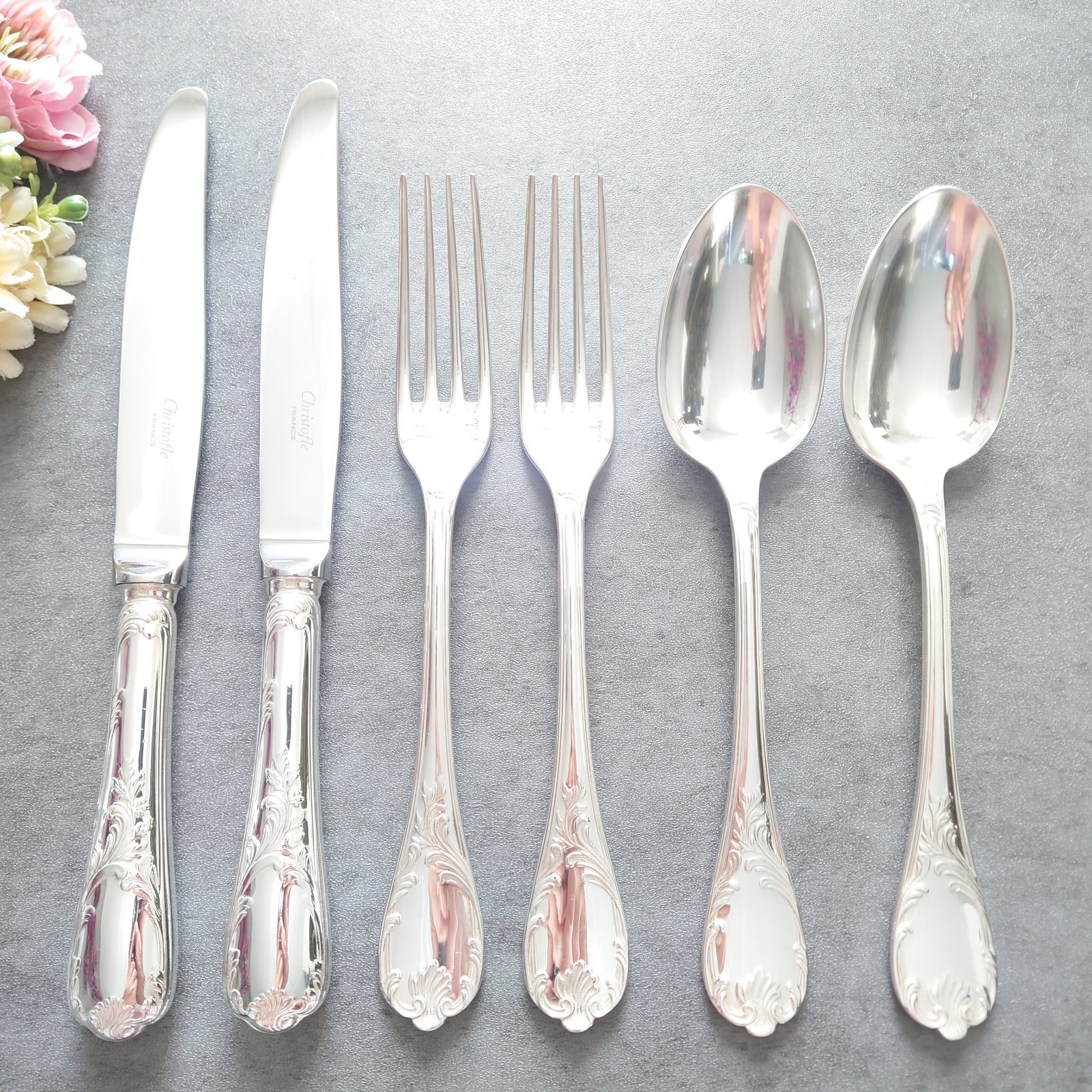 Christofle Marly 6pcs Silverplate Flatware Table Knife Fork Spoon Excellent