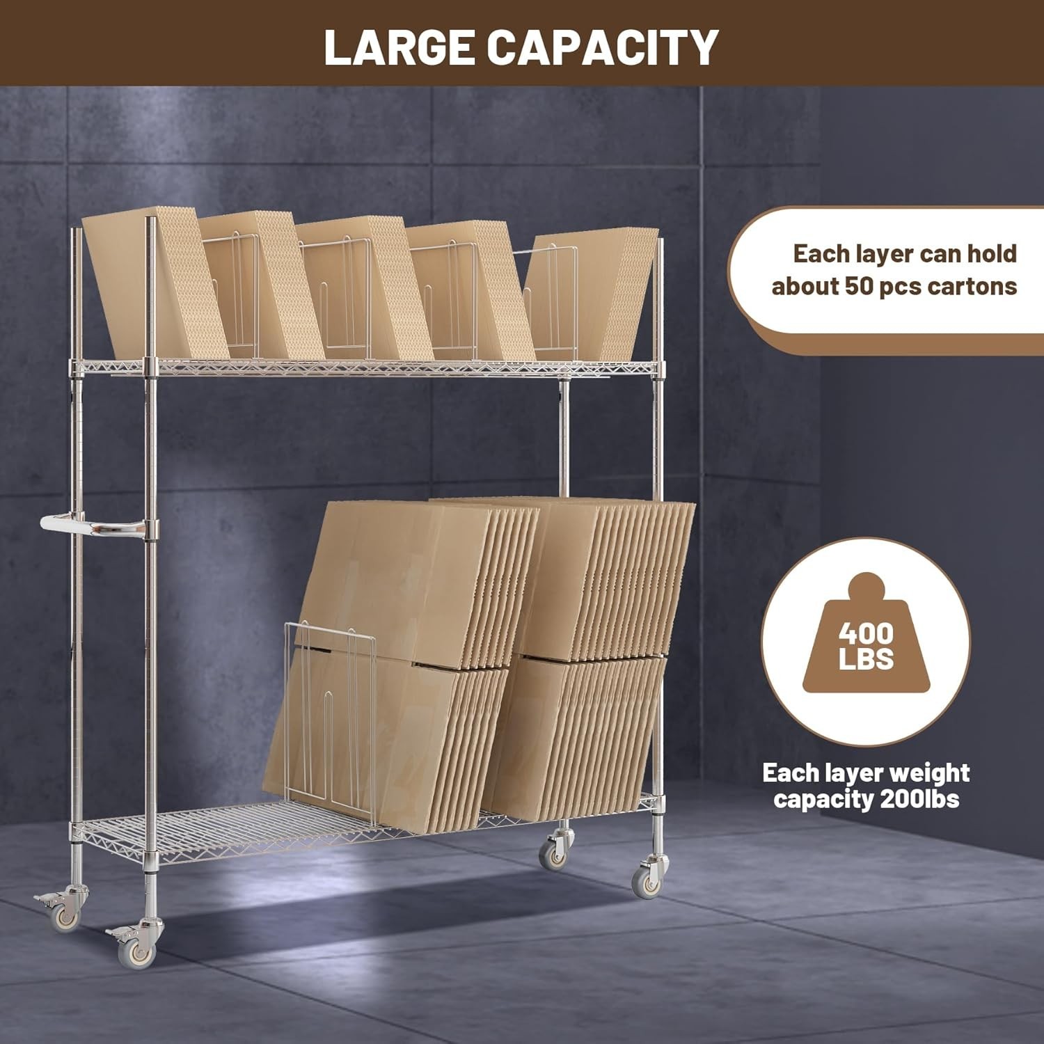 Wire Carton Cart, 2-Tier Stand with Wheels for Cardboard Box Storage & Move
