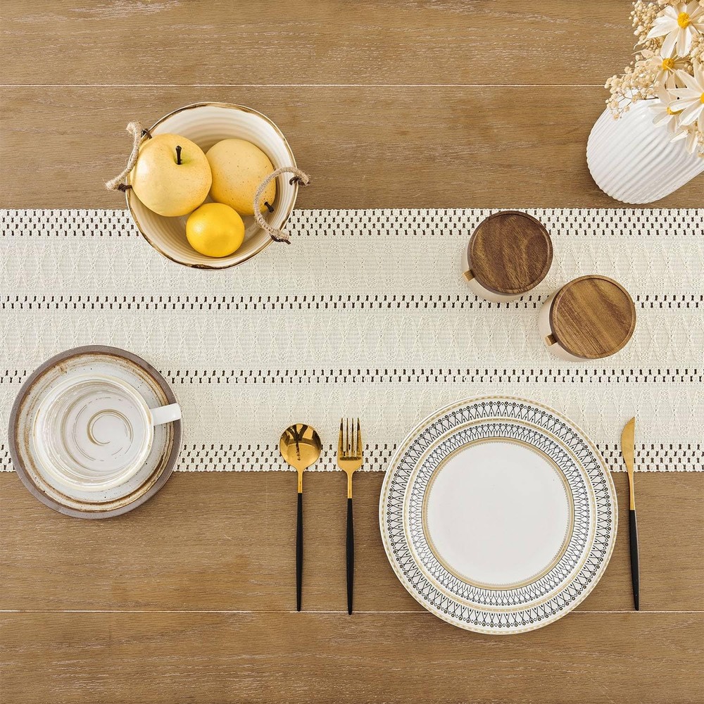 Macrame Style Boho Table Runner, Ivory Table Runners 72 Inches Long, Farmhous...