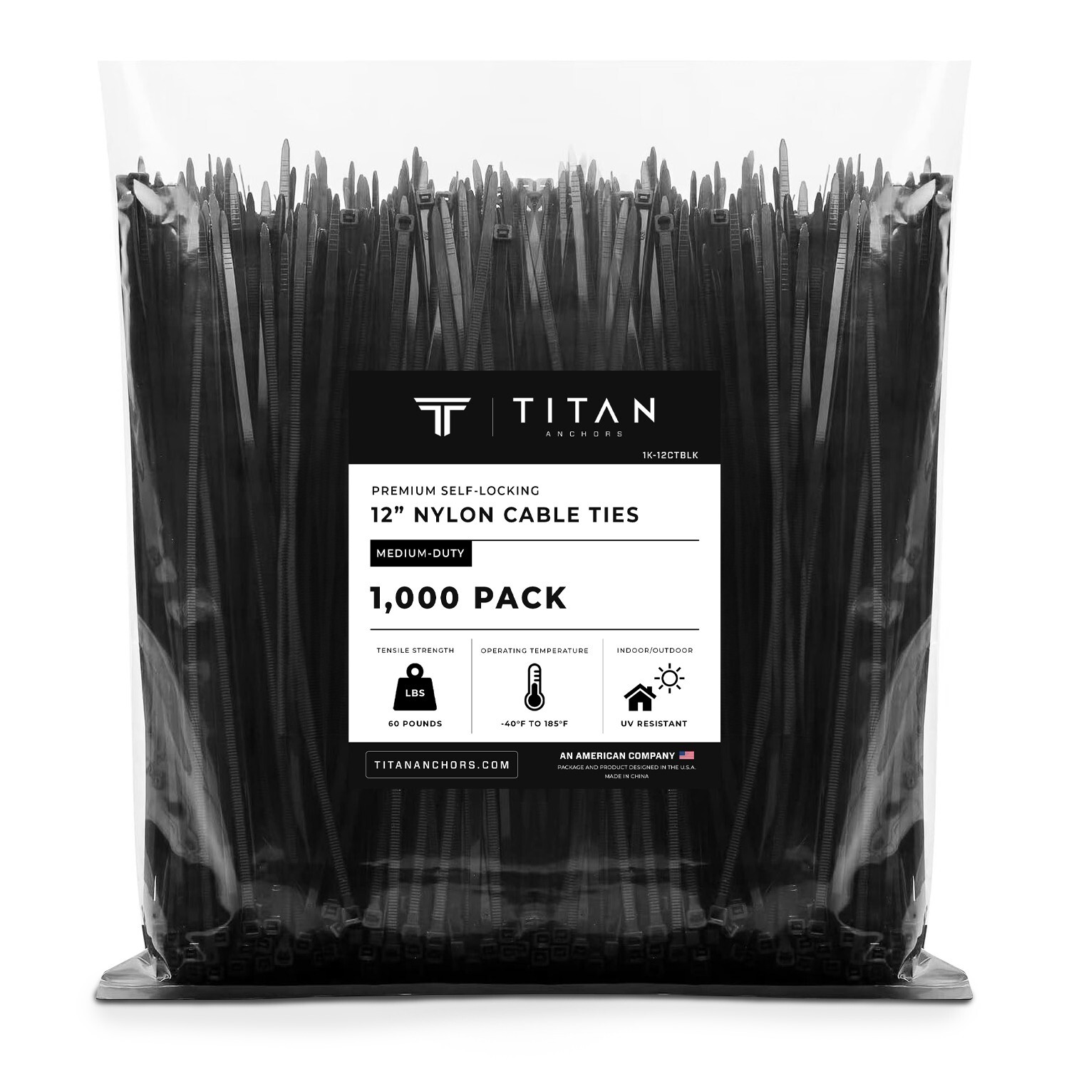 1000-Pack Premium 12" Inch Black Nylon Zip Ties, 60 lbs, UV Resistant, 4.8mm