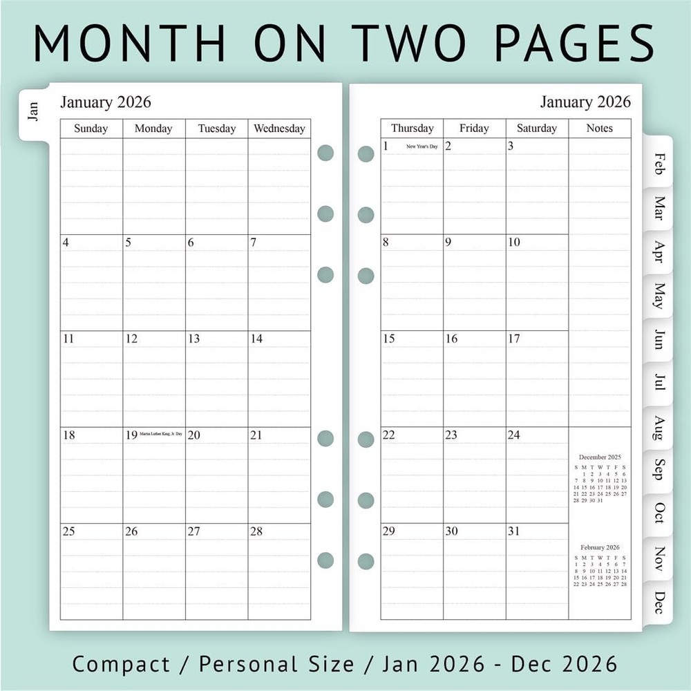 2026 Compact Weekly & Monthly Planner Refill - Size 3 Organizing Bliss