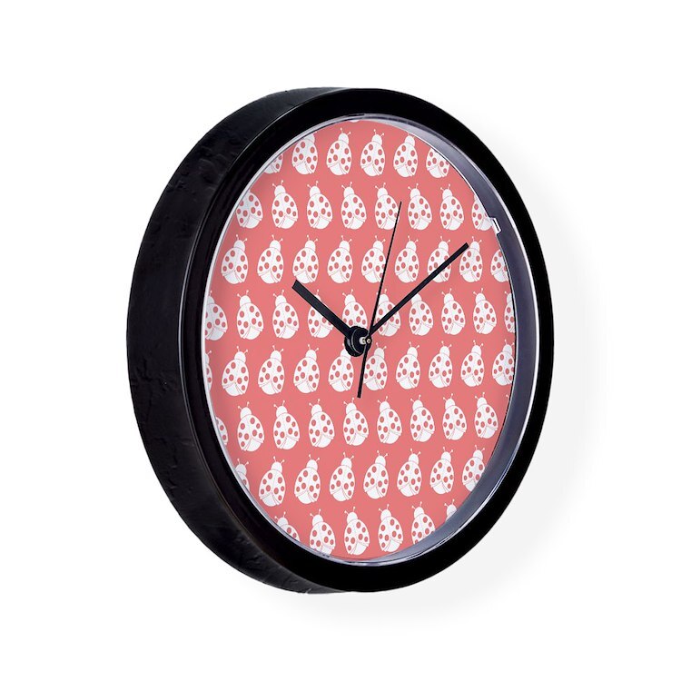 CafePress Light Coral Cute Ladybugs Pattern 10" Wall Clock (1492596288)