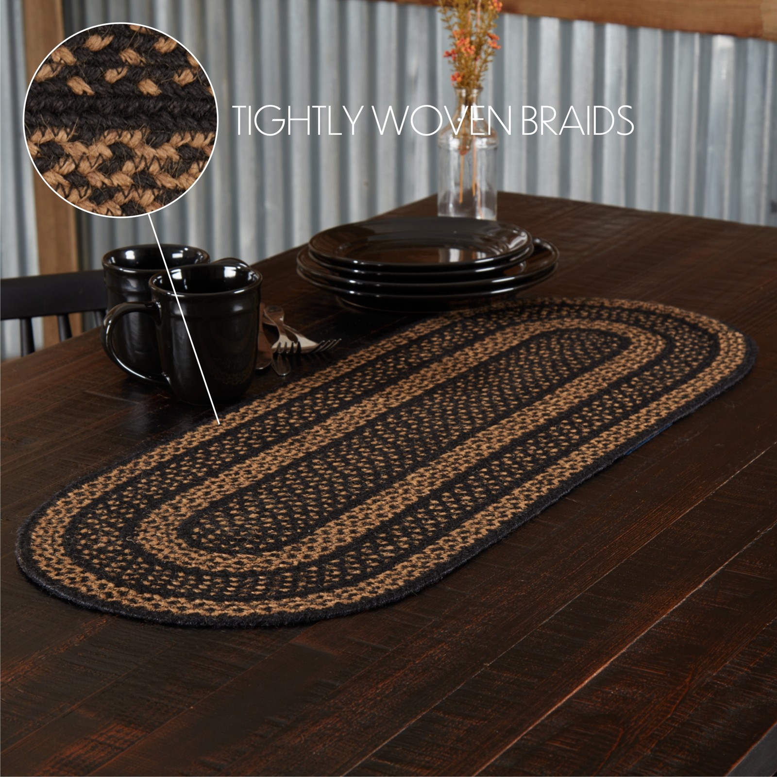 VHC Brands Table Runner Black & Tan Jute Primitive 13x36 Oval Striped Kitchen