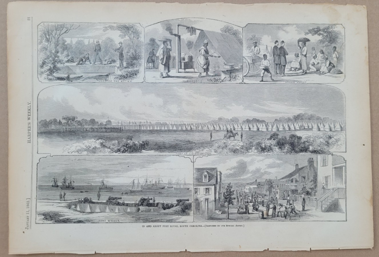 Port Royal South Carolina vintage print 1862 Mary Curtis, Fort Welles etc.