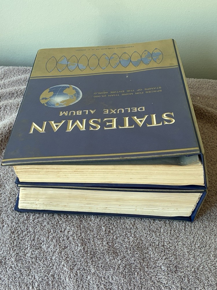 TWO (2) 1966 Ed. STATESMAN DELUXE STAMP ALBUMS W/SOME STAMPS~BOTH IN GREAT COND.