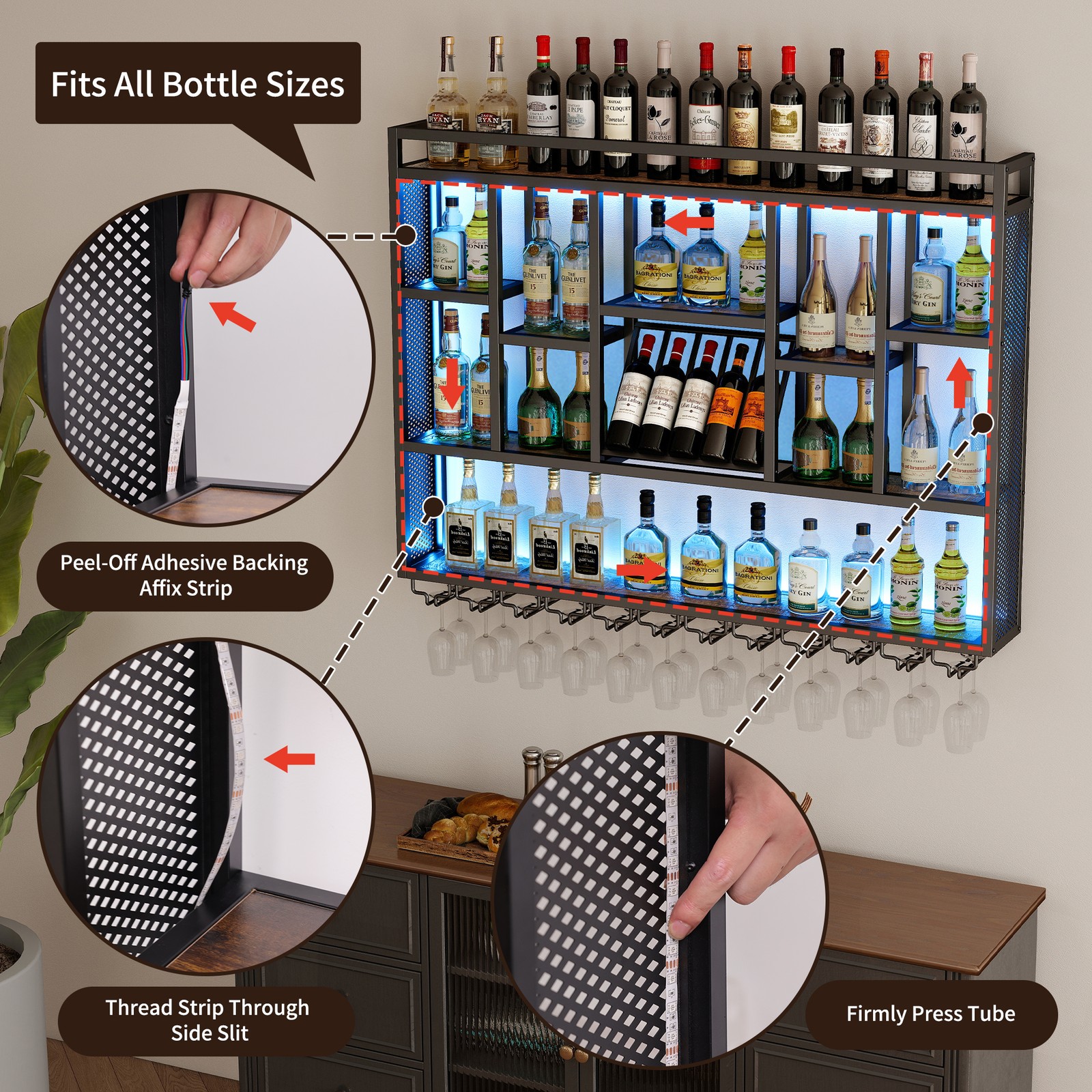 4-Tier Wall Mounted Wine Rack 59" Floating Bar Shelves w/ LED Light for Bar Cafe