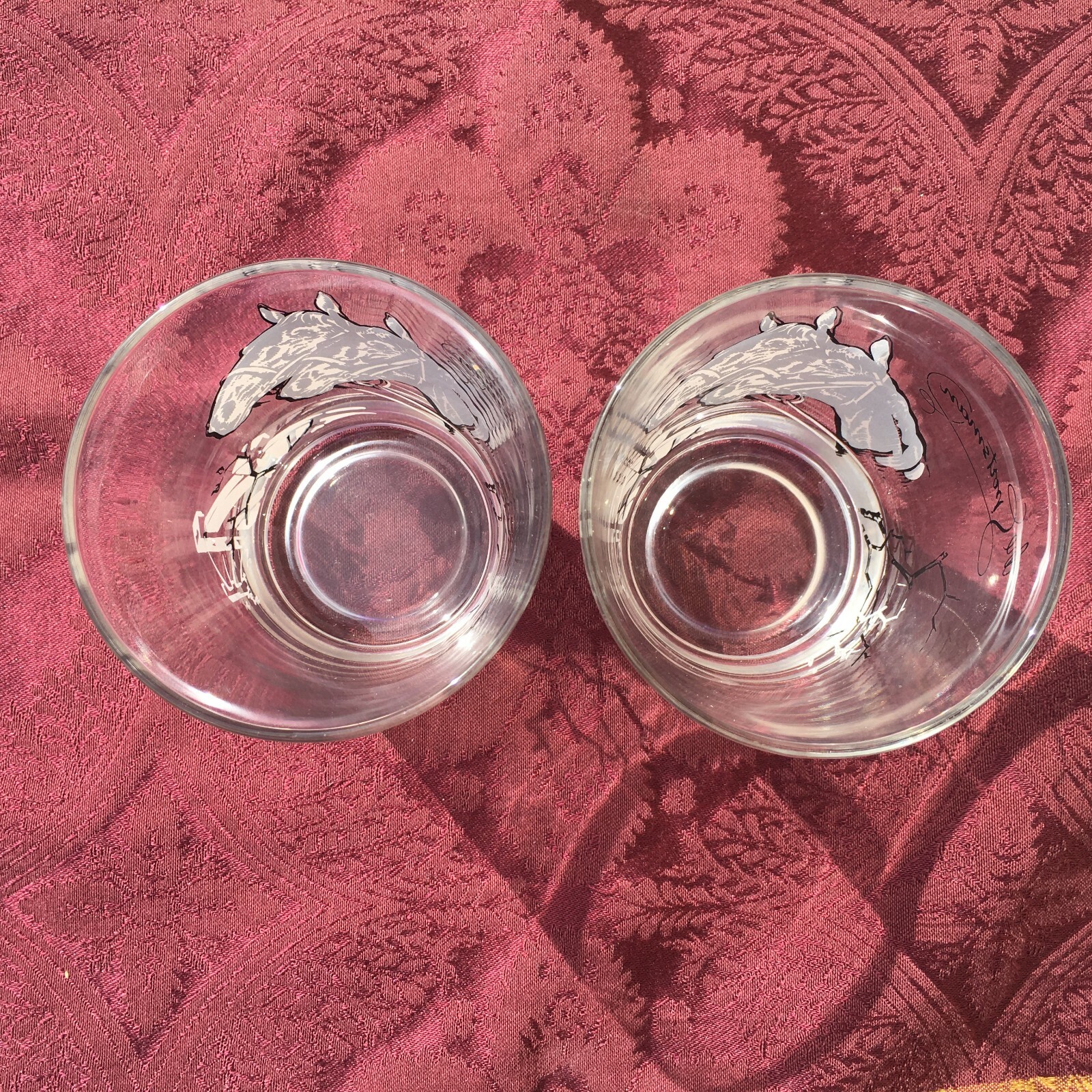 VTG Mid Century MCM Equestrian Highball Drinking Glasses Horse Race Western Pair
