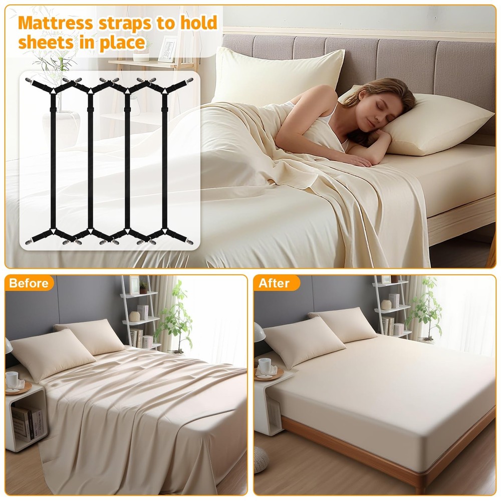 Bed Sheet Straps, 4Pcs Elastic Adjustable Bed Sheet Holder Straps, Fitted She...