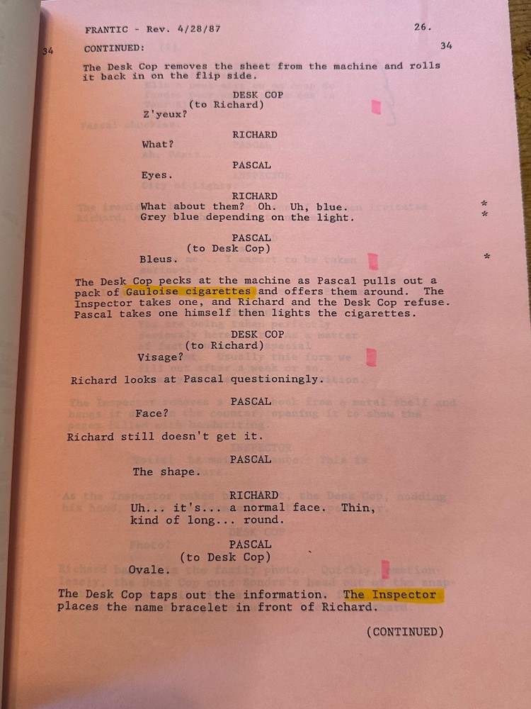 FRANTIC MOVIE ORIGINAL SCREENPLAY SCRIPT HARRISON FORD