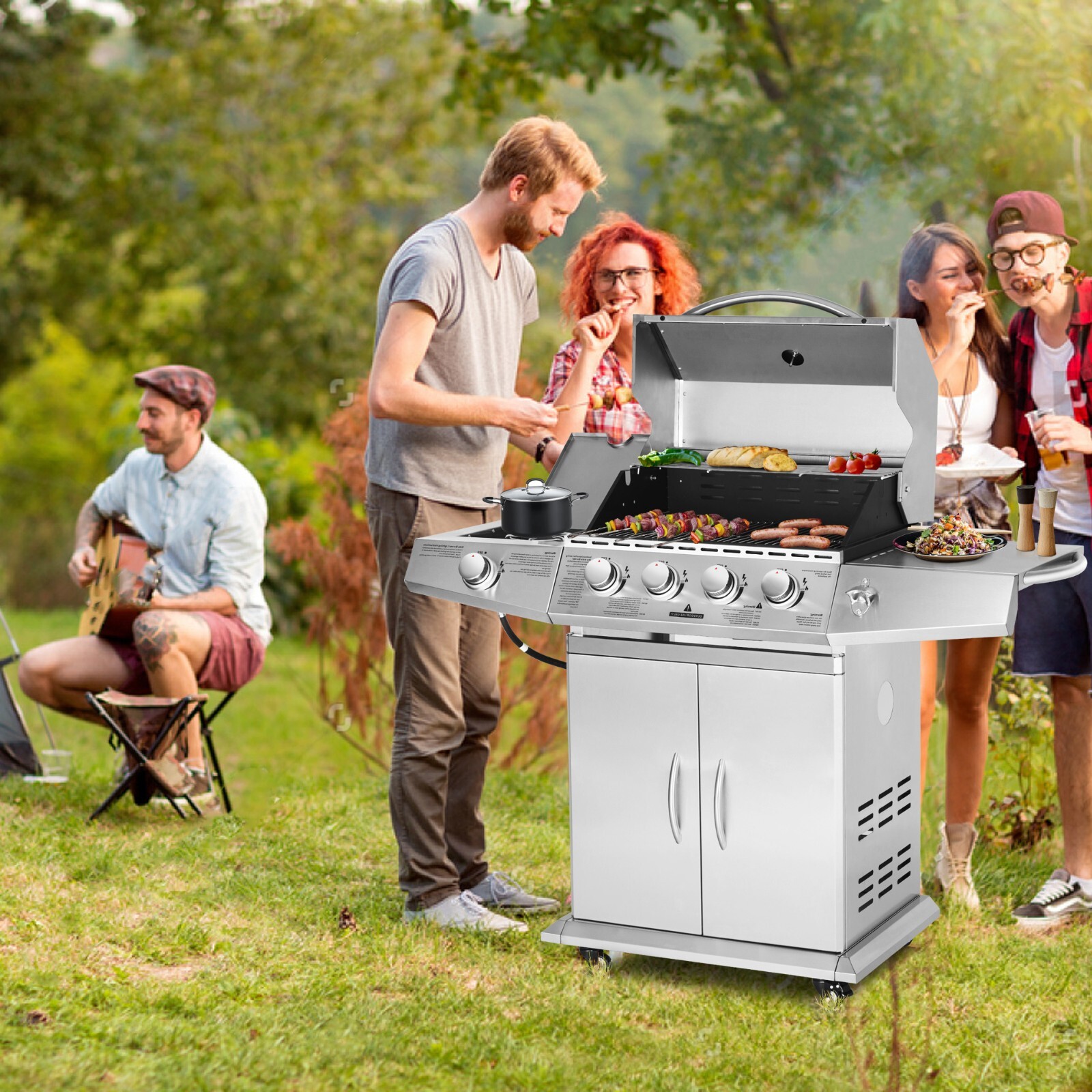 Propane Gas Grill 4 Burners Stainless Steel Grill Cart Outdoor Cooking BBQ 4+1