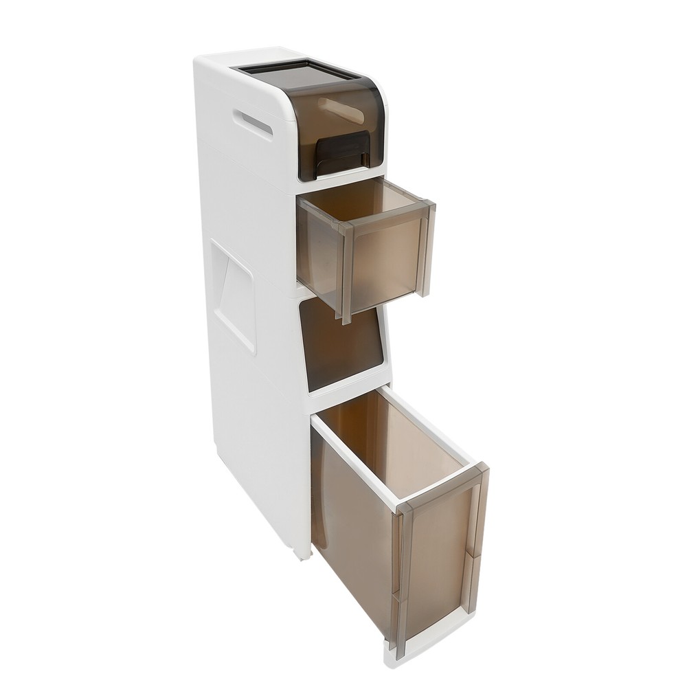 4 Tier White Rectangular Storage Cabinet With Drawers Bathroom Floor Cabinet