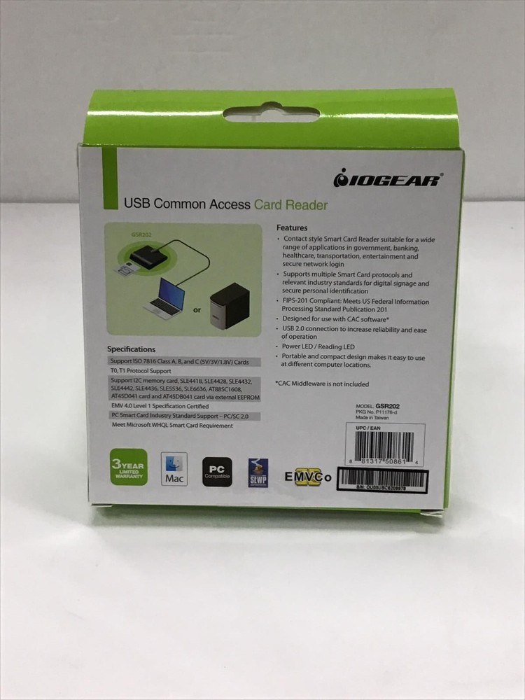 IOGEAR Smart Card Reader USB CAC Computer Security GSR202