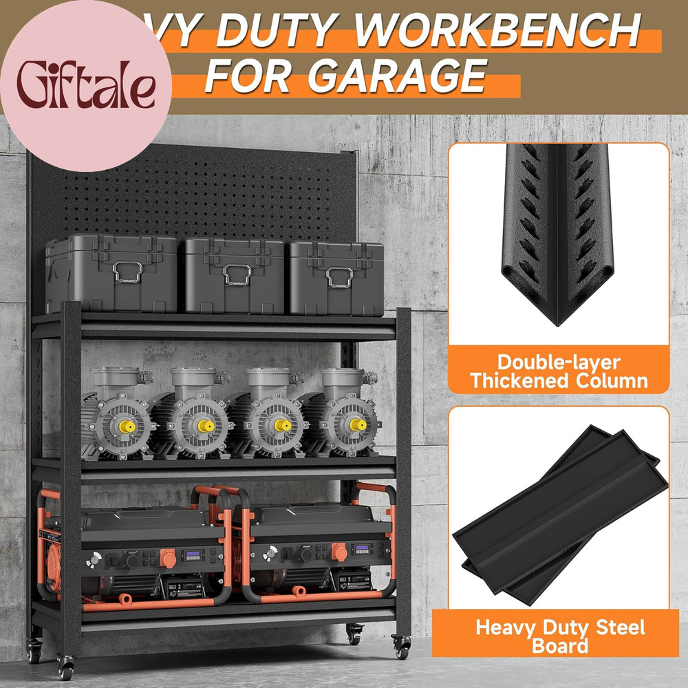 Workbench with Pegboard, Adjustable Heavy Duty Work Table with Wheels, Heavy Dut