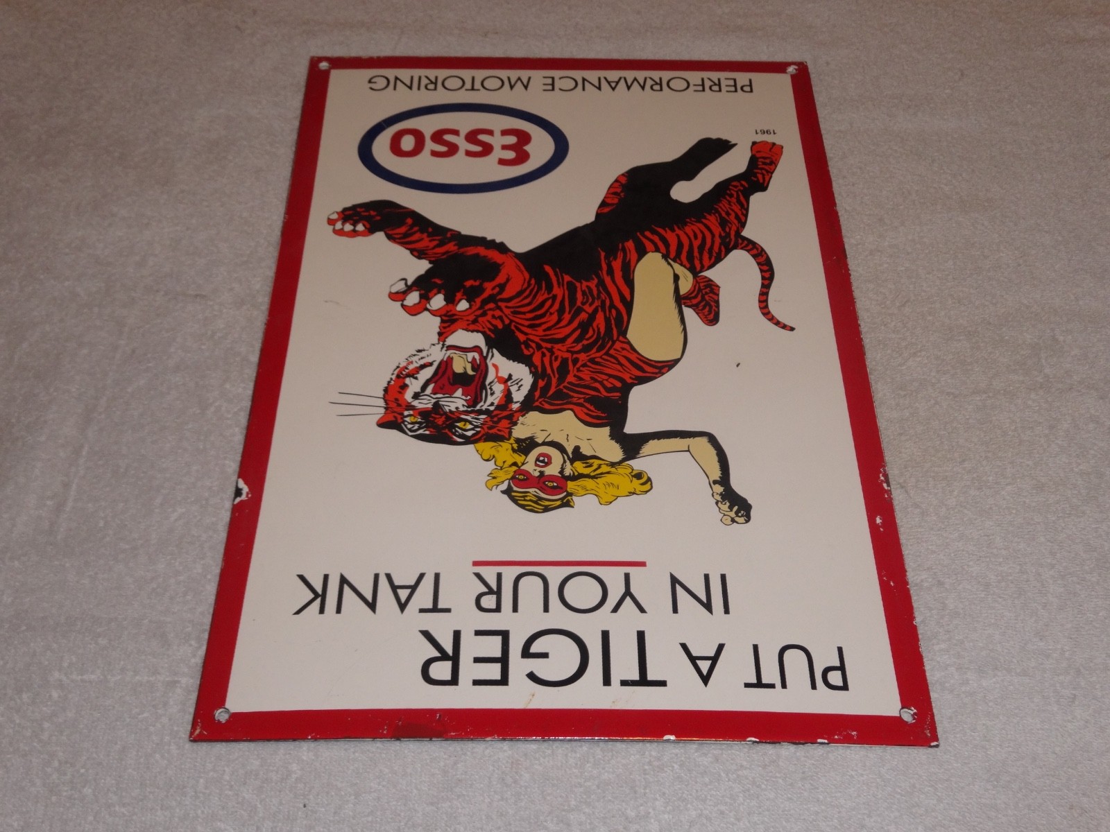 VINTAGE 1961 "ESSO CAT WOMAN RIDING TIGER" 18" PORCELAIN METAL GASOLINE OIL SIGN