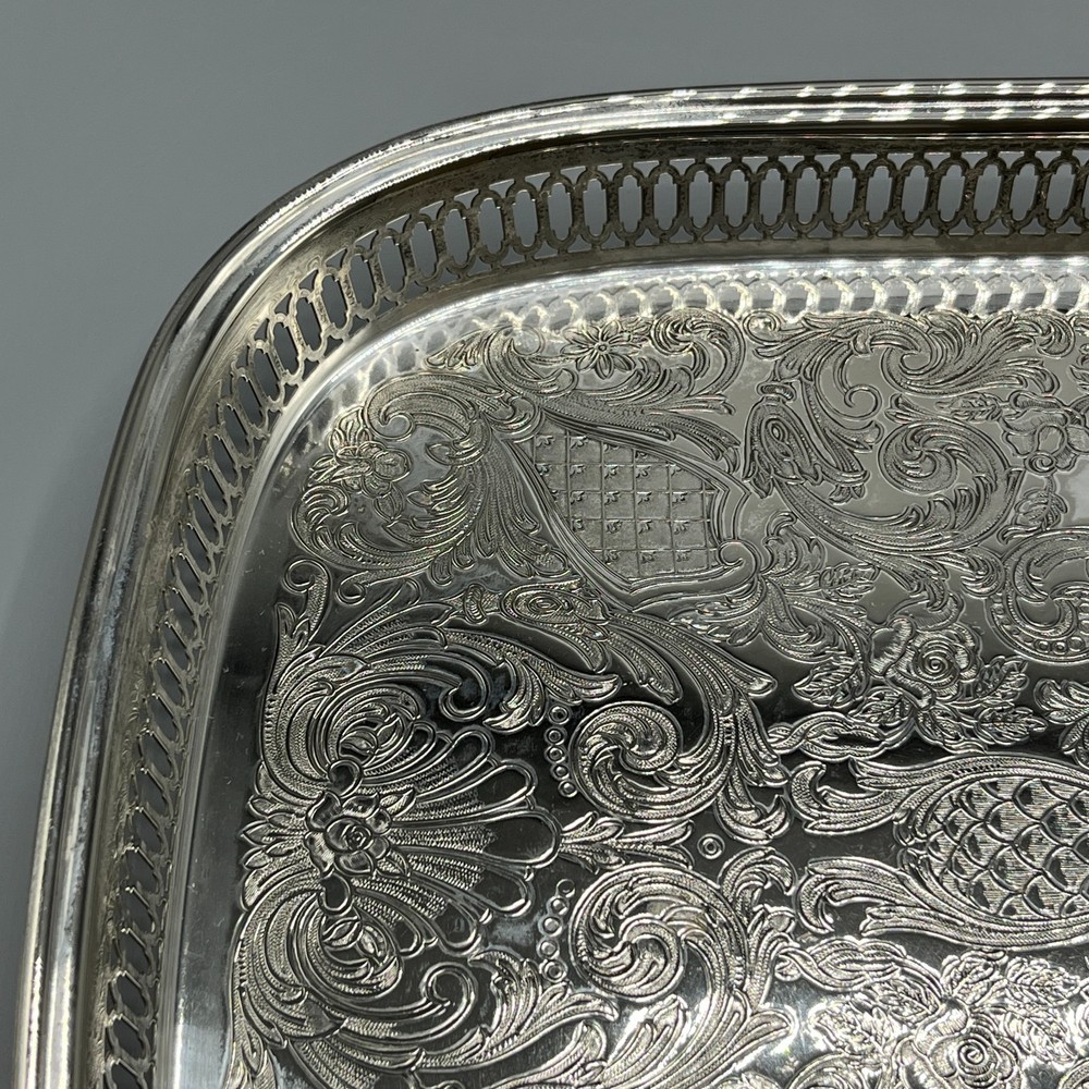 Large Vintage Silver Plated Rectangular Gallery Tray Footed Long Cocktail Drinks