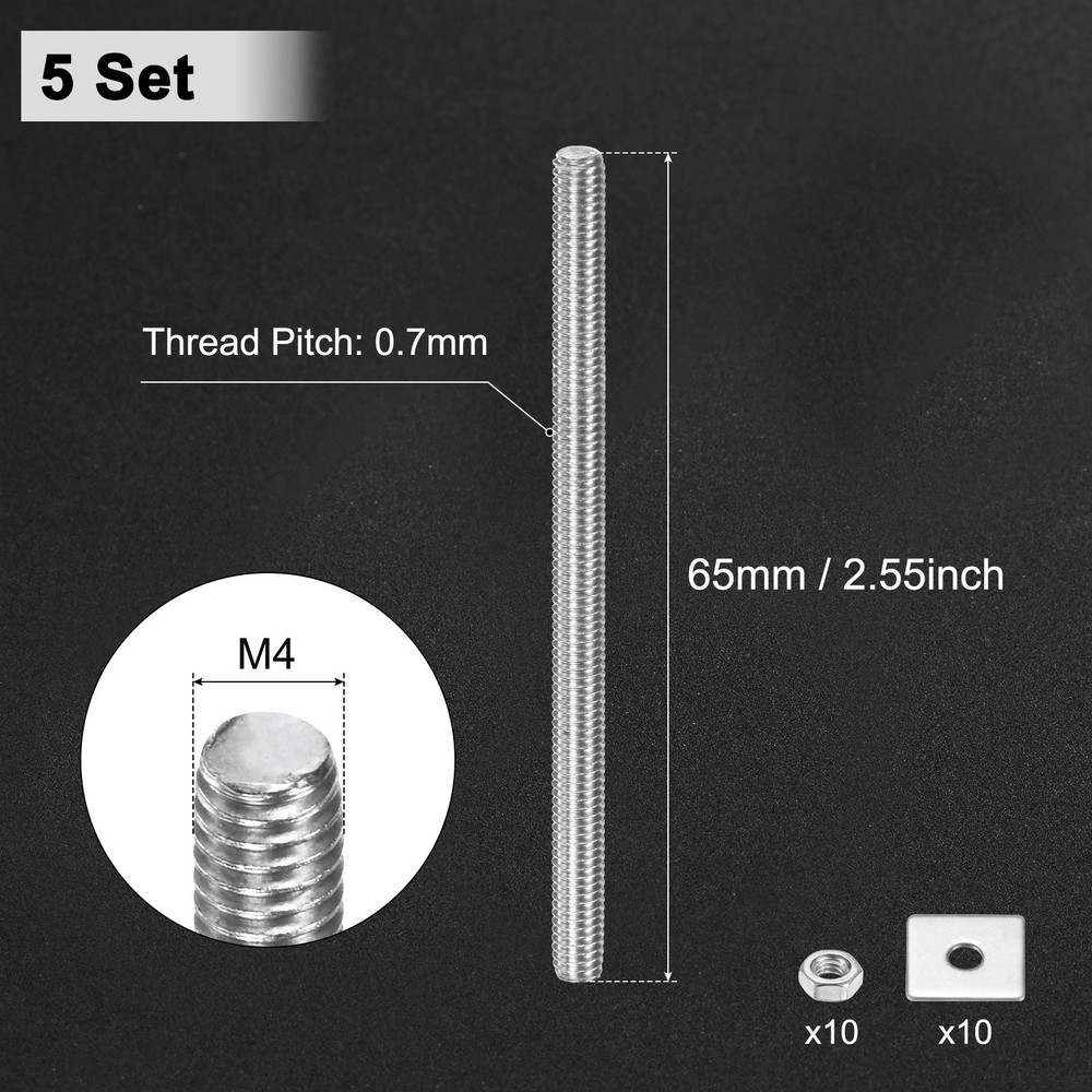5-Set Fully Threaded Rod, M4x65mm Right Hand Thread Bar Studs with Nuts