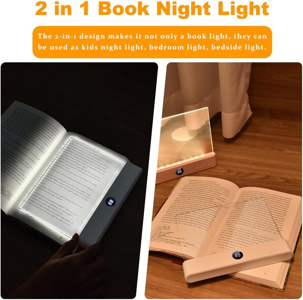 Book Light, Rechargeable Clear LED Flat Reading Light with 3 Colors & Timer, Dim