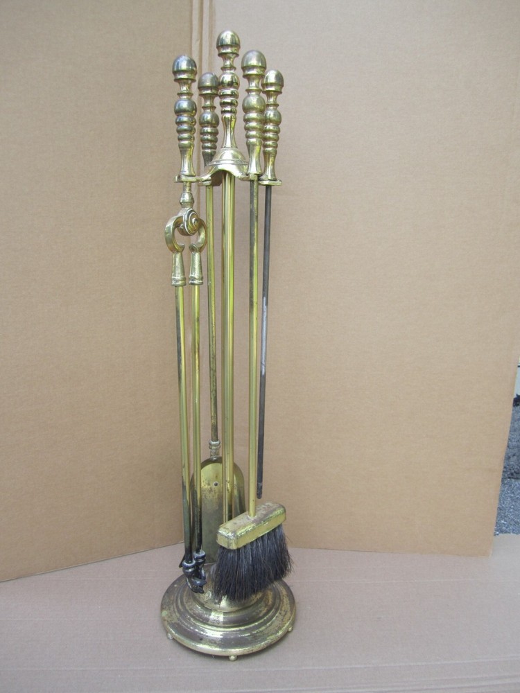 Vintage 5 Piece Solid Brass Fireplace Tool Set 30"