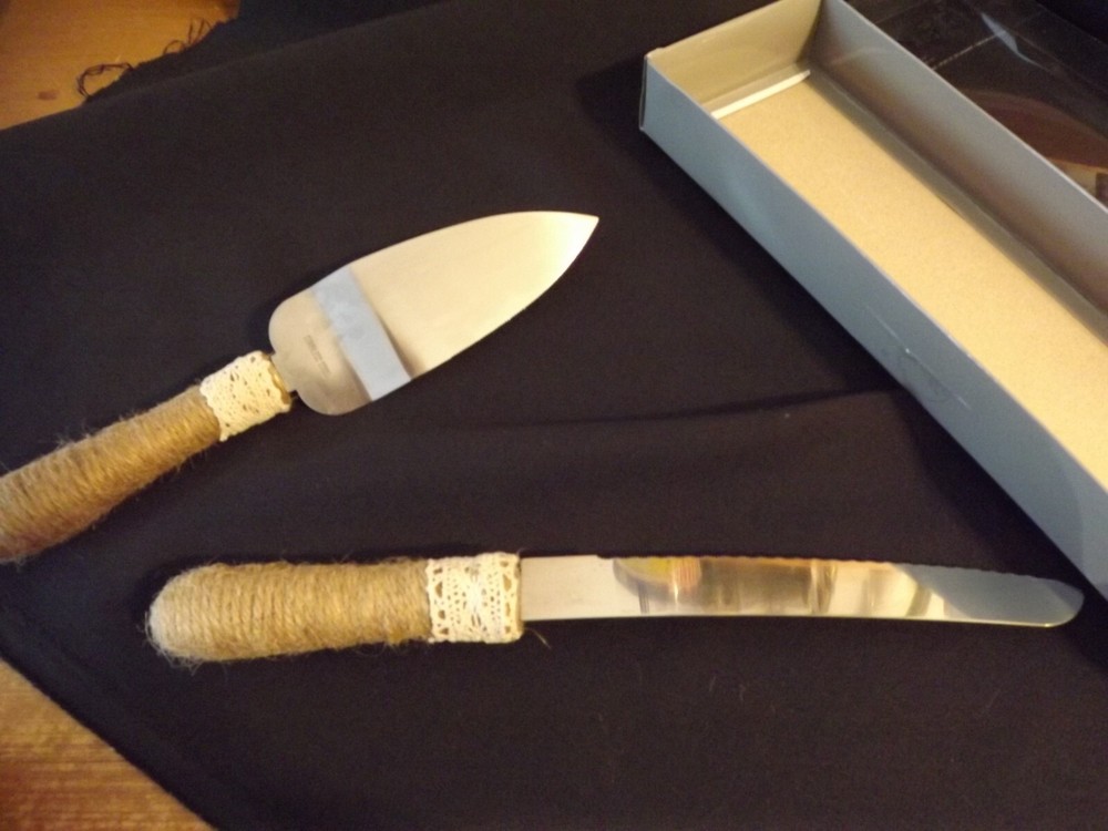 Studio His & Hers Rustic-Style Wedding Cake Knife & Server Set Jute Twine Lace