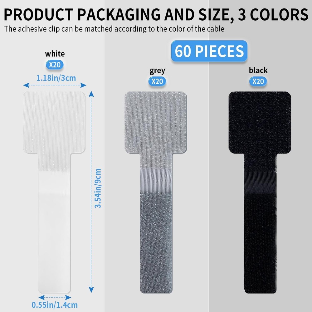 60 Pack Hook and Loop Cable Ties, Adhesive Cable Clips, Cord Organizer