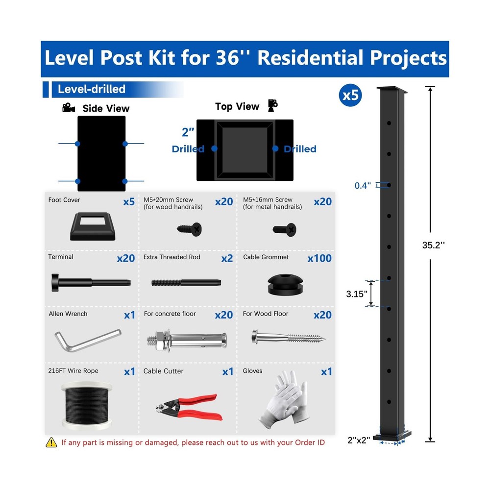 36" Expandable 16-20FT Black T304 Cable Railing Post Kit, Complete Cable Rail...