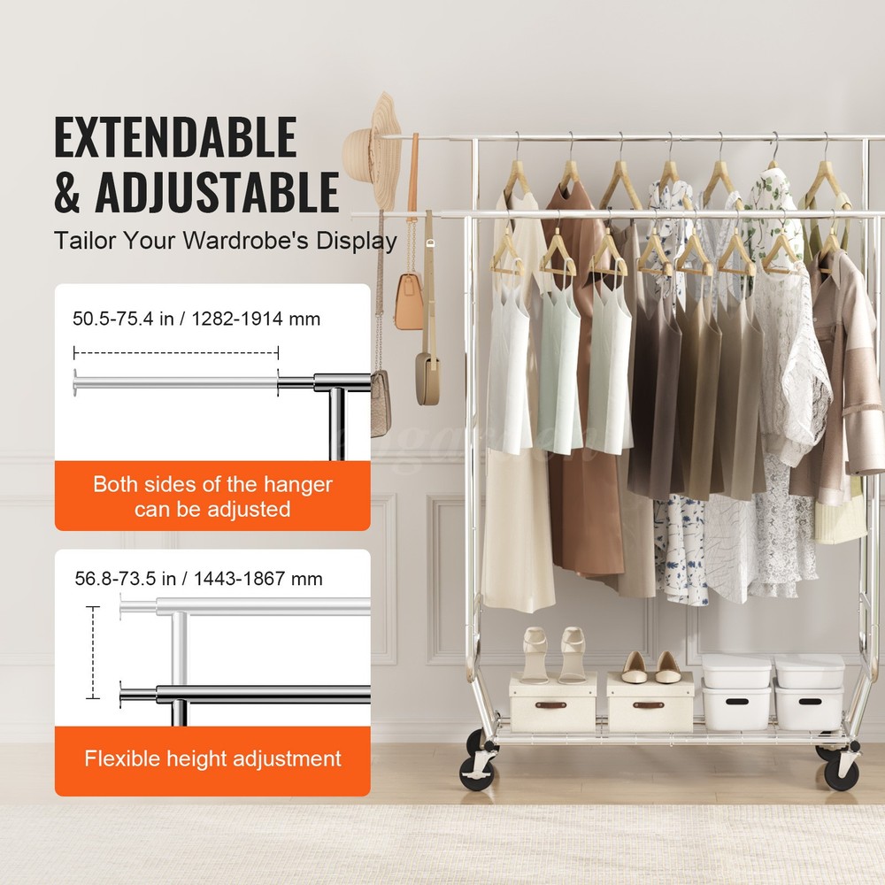 Mobile Coat Rack, Retractable Adjustable, Heavy Duty Chrome with Bottom Shelf