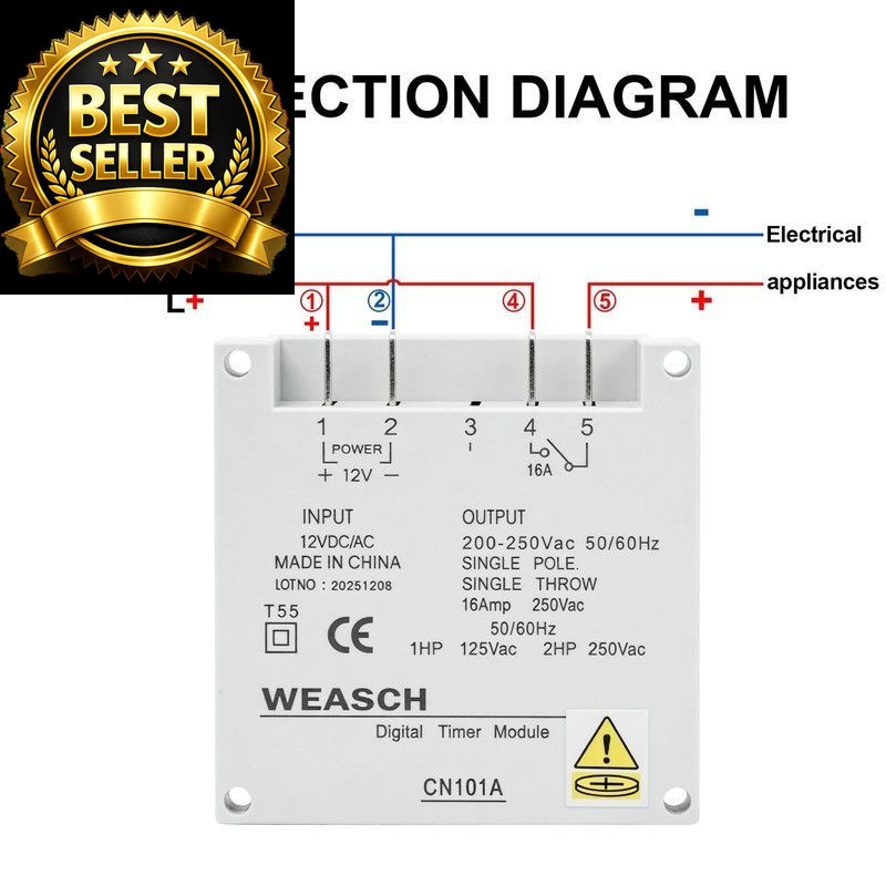 Weasch Timer Switch, CN101A, DC/AC 12V 16Amp, Digital LCD Power Gray