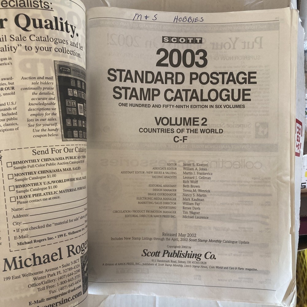 Scott 2003 Standard Postage Stamp Catalogue, Vol. 2: C-F