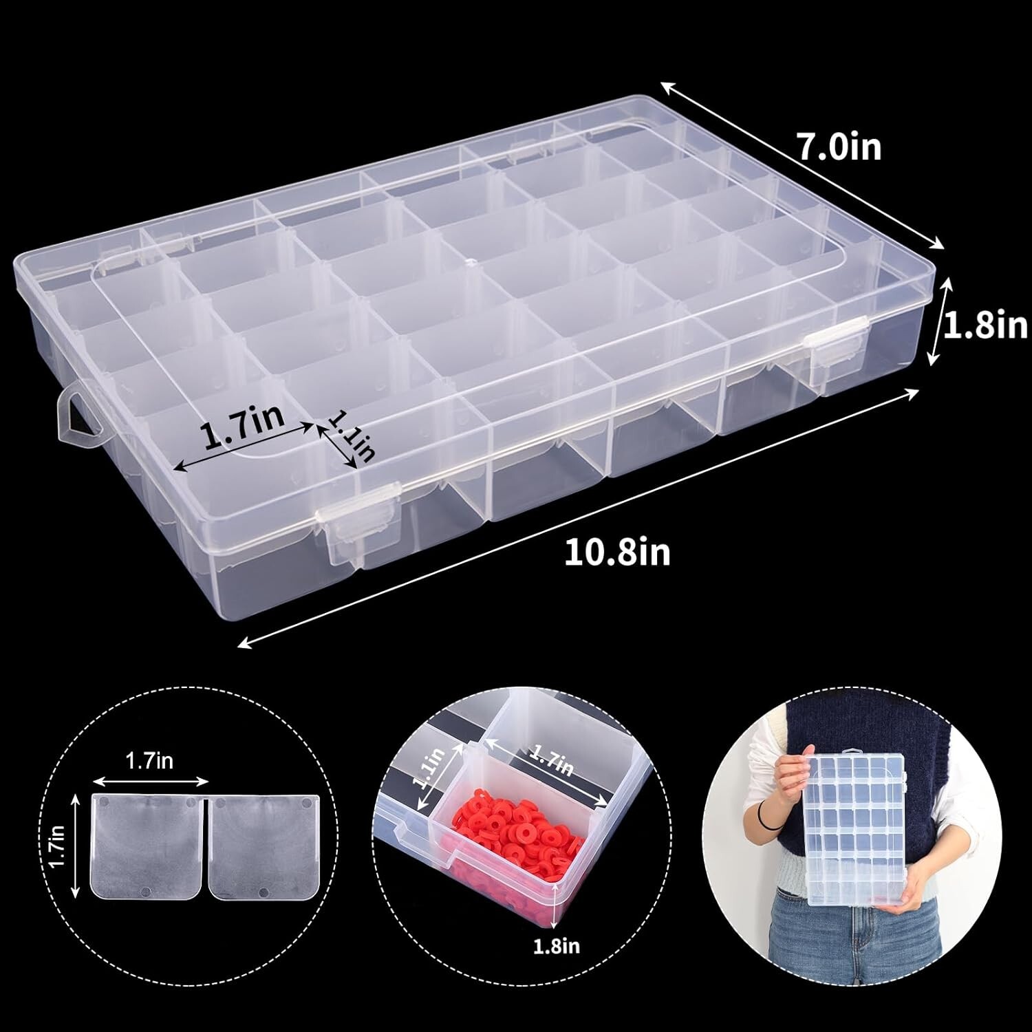 2 Pack 36 Grids Clear Plastic Organizer Storage Jewelry Box w Adjustable Divider