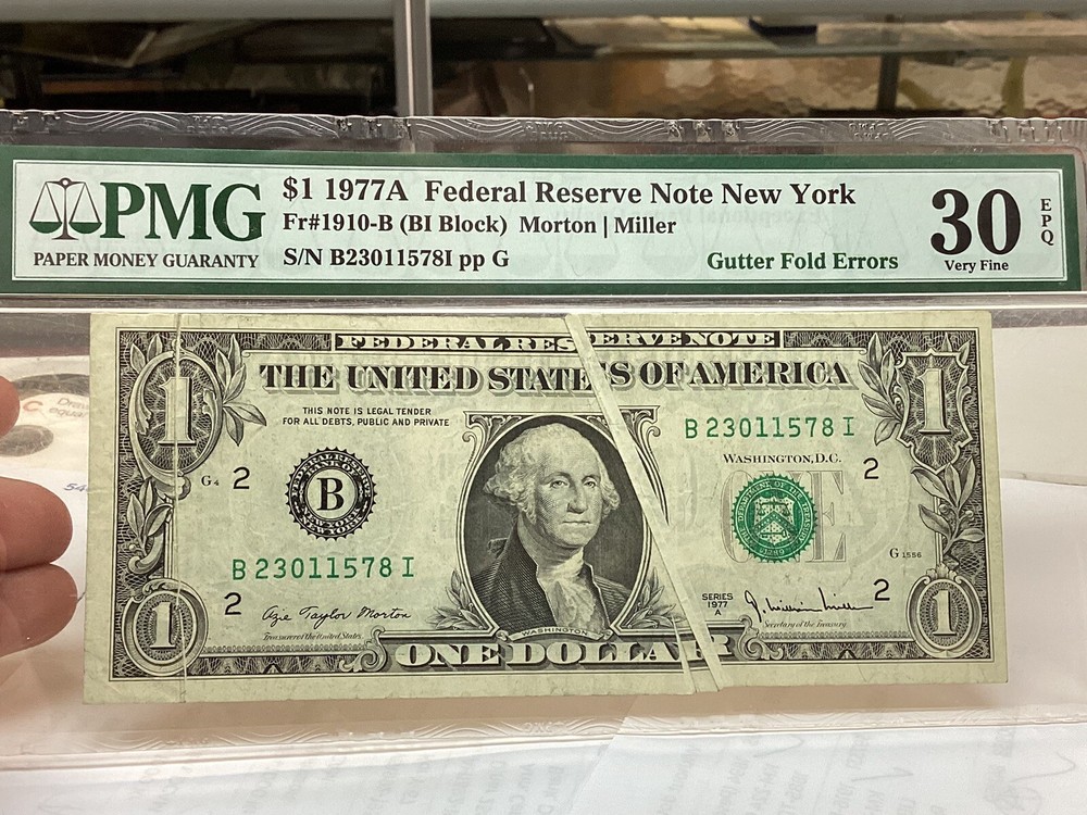 $1 1977A PMG 30 EPQ Gutterfolds Errors  Fr#1910-B