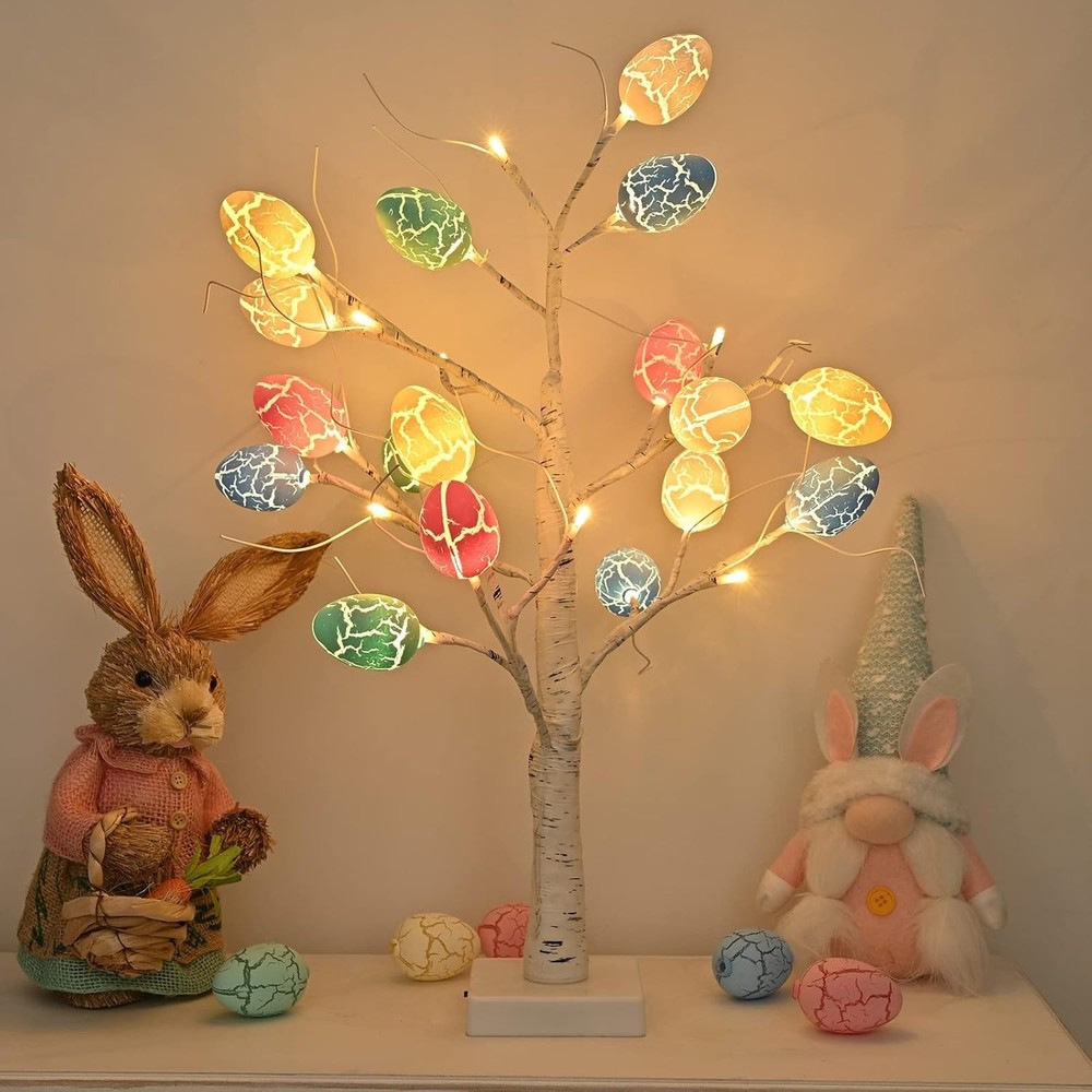 24" Pre-Lit White Birch Tree with 24 Easter Egg Decorations