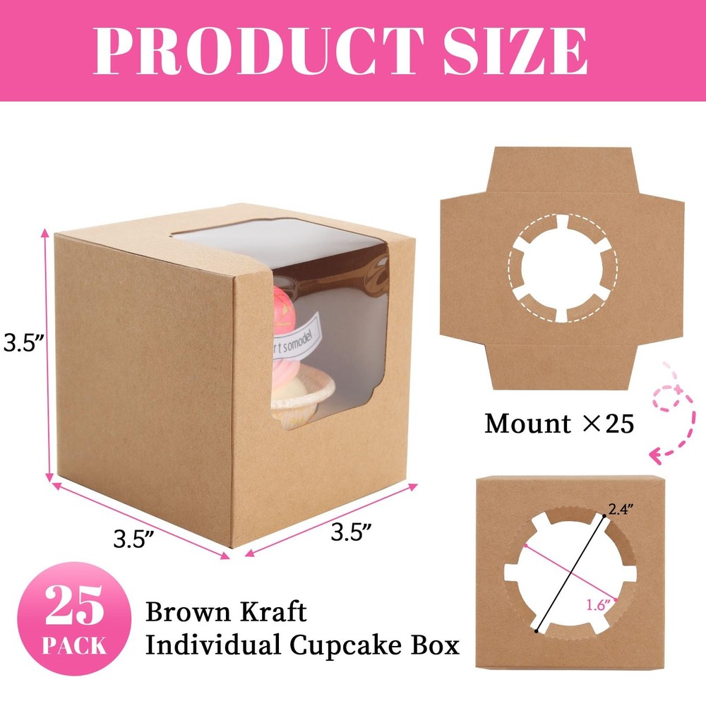 25 Pcs Cupcake Boxes Individual Cupcake Containers Pre-Assembled Single Cupca...