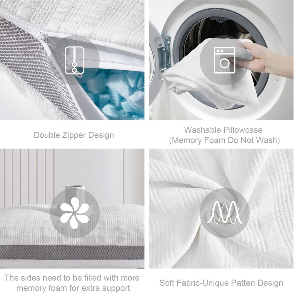 Pillow 2-Piece Set, Memory Foam Pillow, Adjustable 2 Pillows with Removable