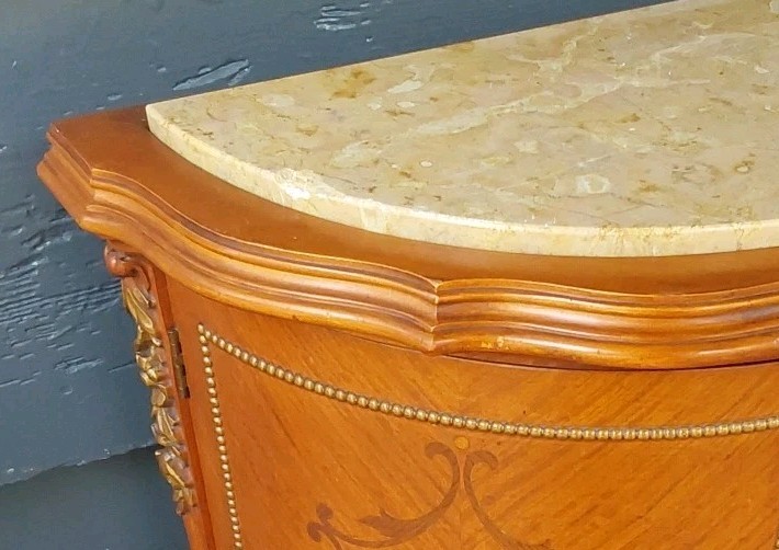 Vintage French Demilune Inlayed Wood End Tables w/Marble Tops 30 Tall X 23" Wide