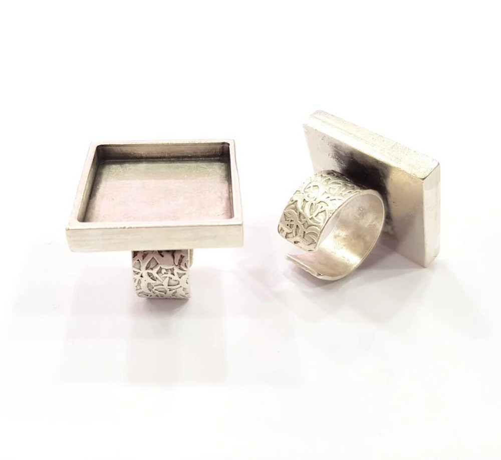 Square Ring Blank Setting Cabochon Base inlay Bezel Adjustable Antique Silver