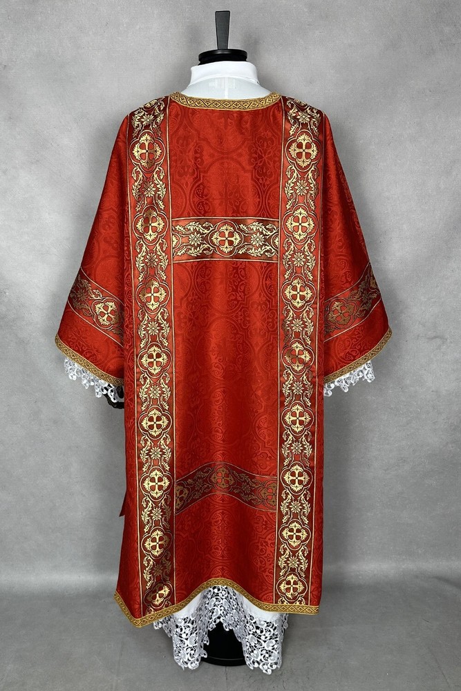 Semi-gothic Dalmatic, open sides, red damask, embroidery