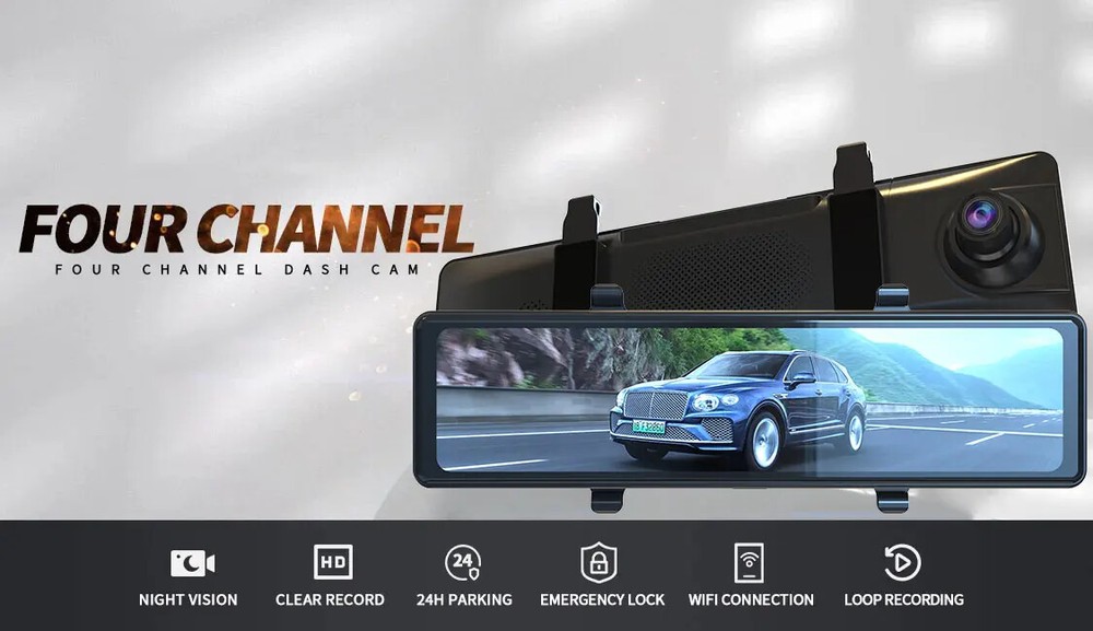 4K 12" Touchscreen Dash Cam 4CH with GPS 24/7 Parking Mode Cloud Storage Support