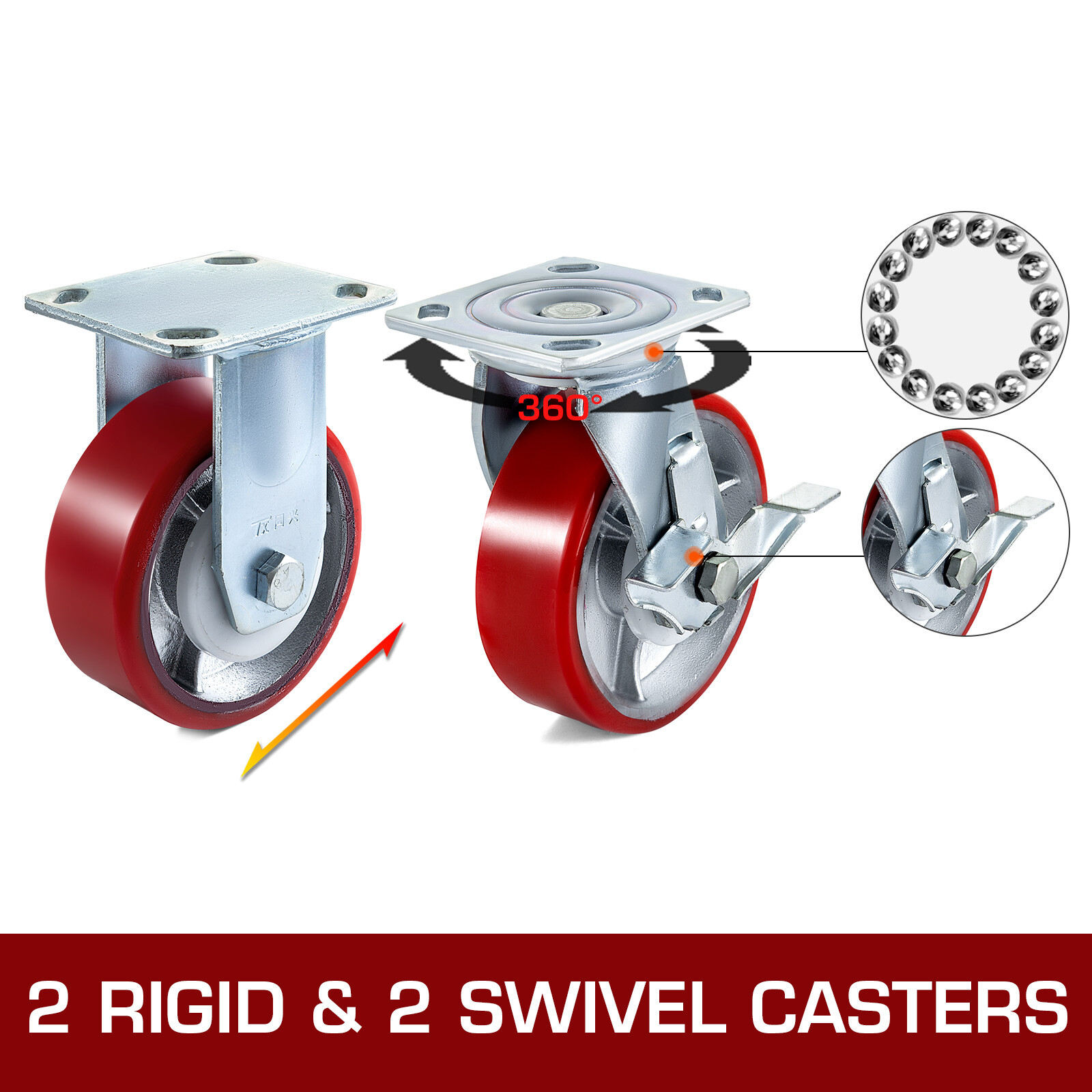 4 Pack Heavy Duty Caster Set 6" Polyurethane on Cast Iron Wheels No Mark Red
