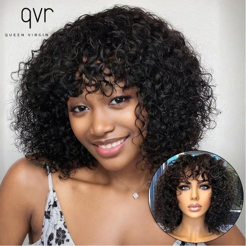 Indian Curly Human Hair Wigs Full Machine Made for Women Short Bob with Bangs