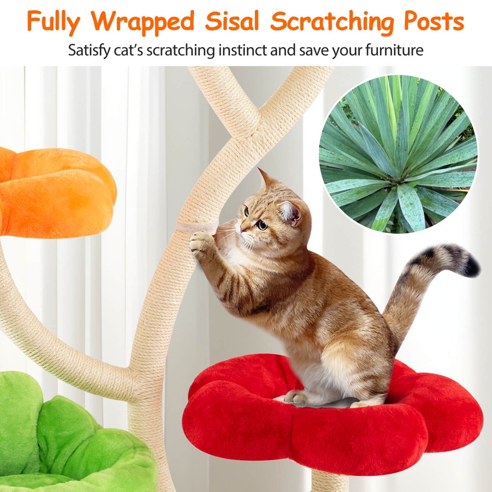 64" Multi-layer Cat Tower w/4 Colorful Flower-shaped Platforms Scratching Posts
