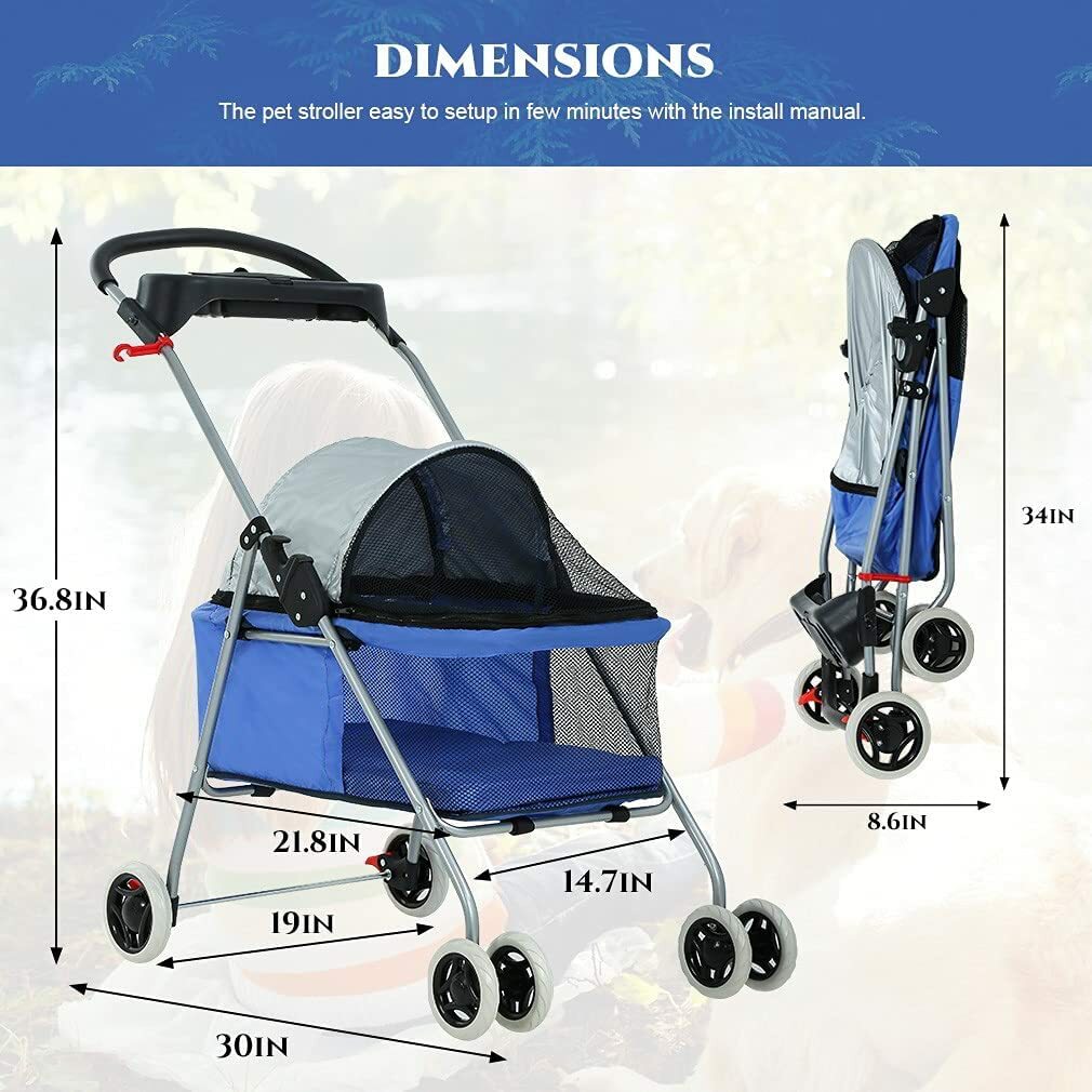 Pet Stroller 4 Wheels Posh Folding Waterproof Portable Travel Cat Dog Stroller