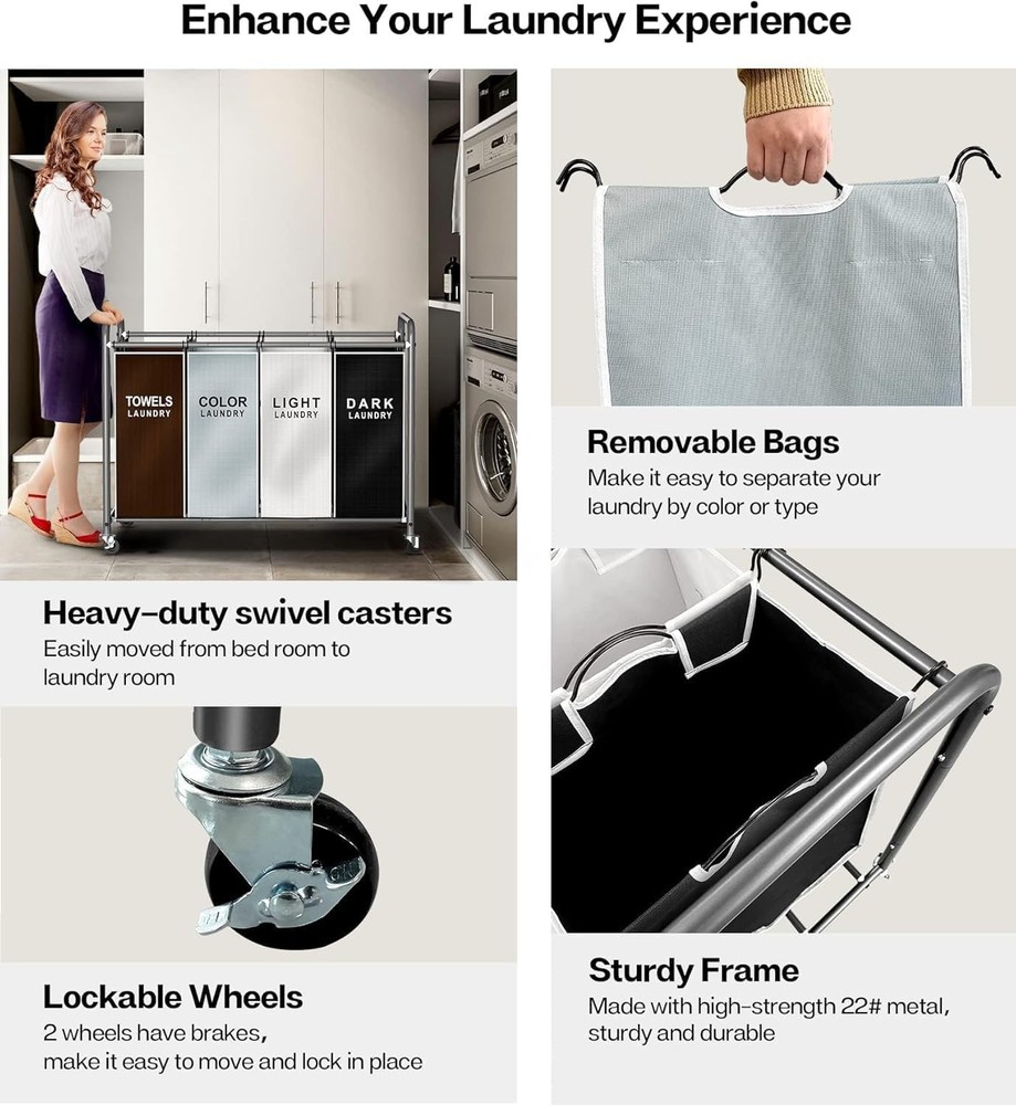 ROMOON Laundry Hamper Sorter Cart: 4-Section Organizer