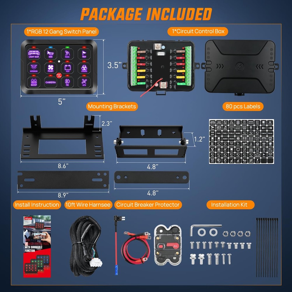 Nilight Switch Panel 12V 24V 12 Gang Universal Circuit Control Relay System