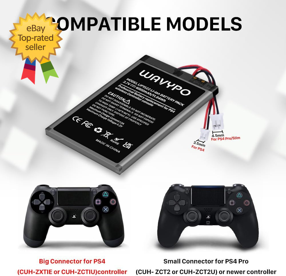 2 Pack 4000Mah PS4 Controller Battery Replacement for PS4/PS4 Slim Playstation