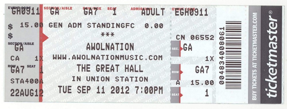 Awolnation 9/11/12 Portland ME State Theatre Concert Rare Ticket!