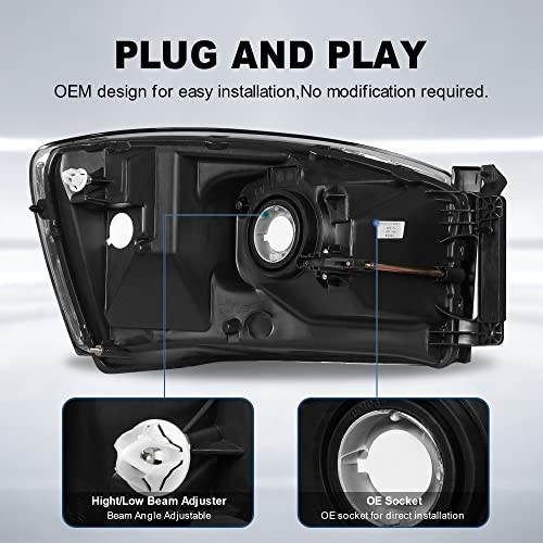 Headlight Assembly Compatible with 2006-2008 Ram Black/Clear/Amber OE Style