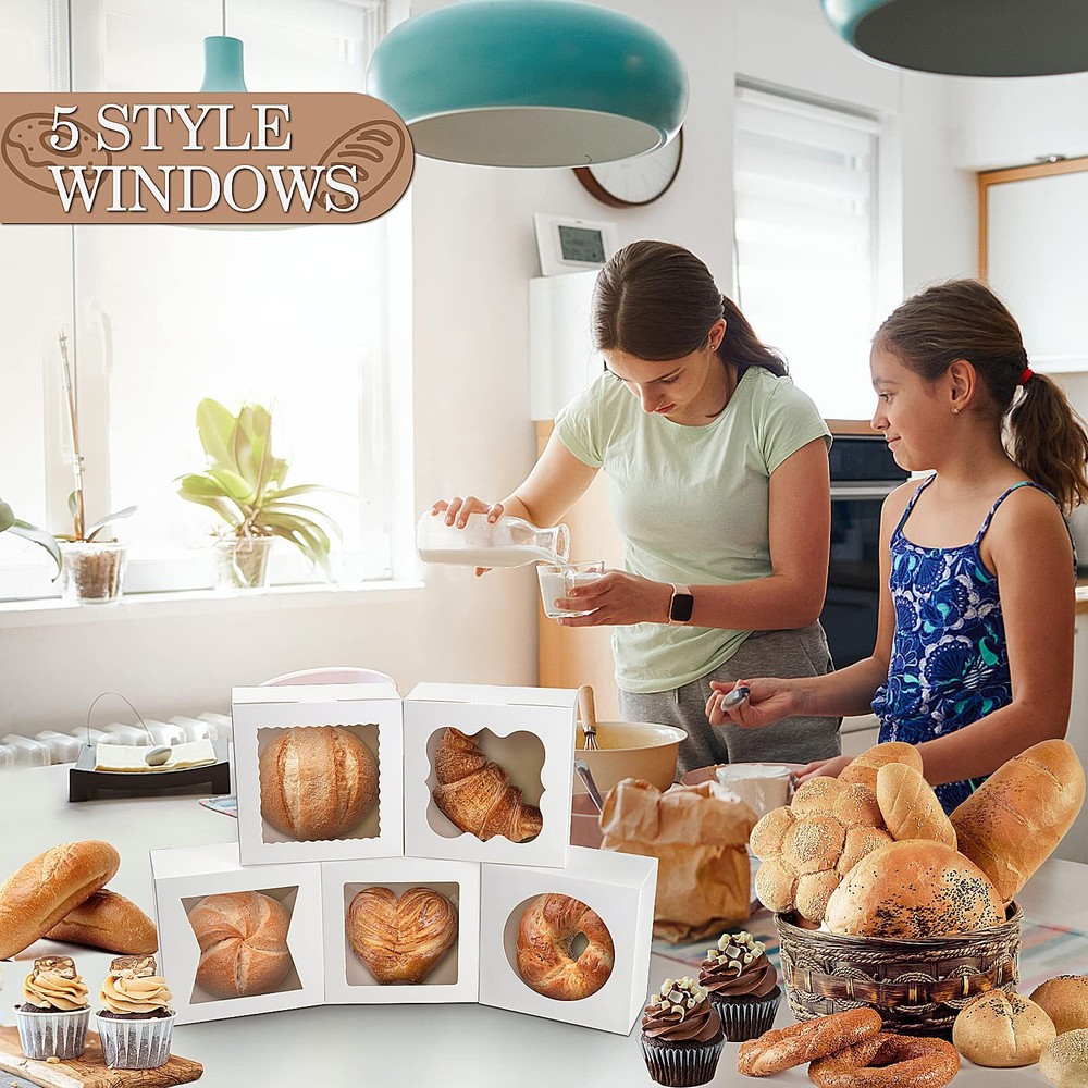 65PCS White Bakery Boxes with Window 6x6x3" 5 Style Cookie Boxes Candy Donut