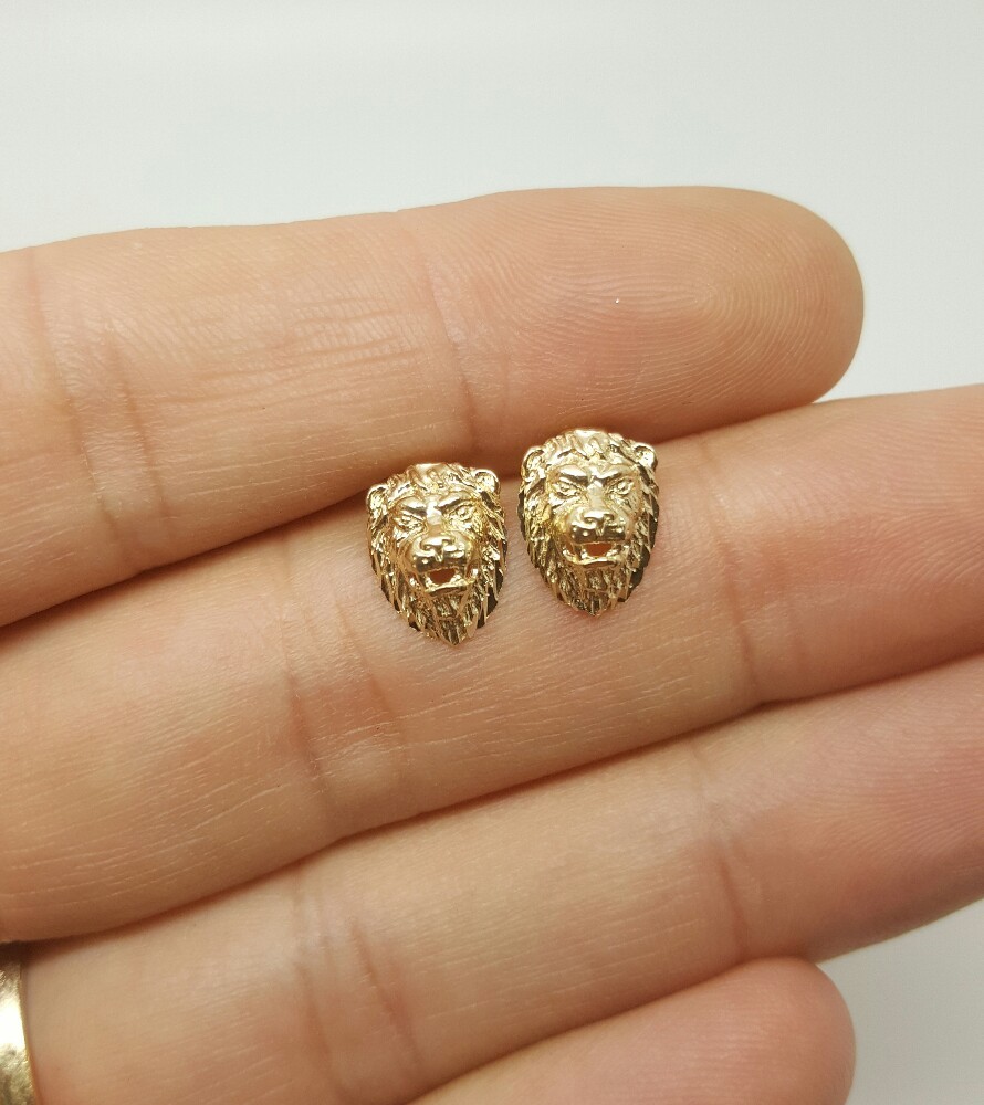 14k Solid Yellow Gold Lion Head Leo Stud Earrings Push Back